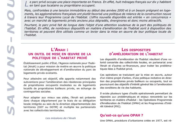 La politique de l'habitat privé existant : panel des outils à disposition des territoires.